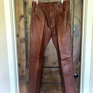 Men's Vintage Leather Pants Made In Italy Distressed Brown Saddle Leather 34x34